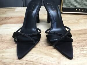 Black Suede Studio Heels Women's 7.5 Black Slip-On Embellished Cocktail Sandals